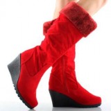 Red Fur Wedge Boots