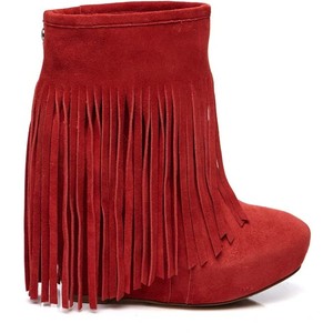 Red Fringe Boots With Wedge Heel