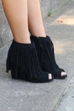 Black Fringe Wedge Ankle Boots