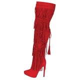 Red Knee High Fringe High Heel Boots