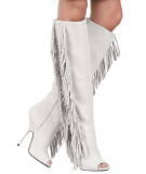White Side Fringed Knee High Boots