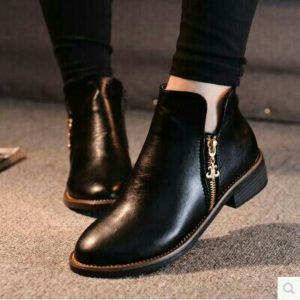 Black Low Heel Zip Ankle Boots