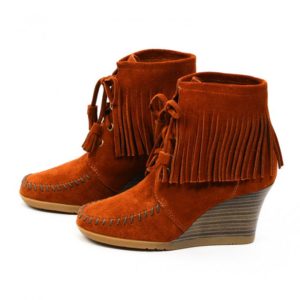 Brown Ankle Boots Fringe with Wedge