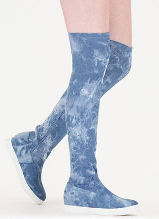 flat denim thigh high boots