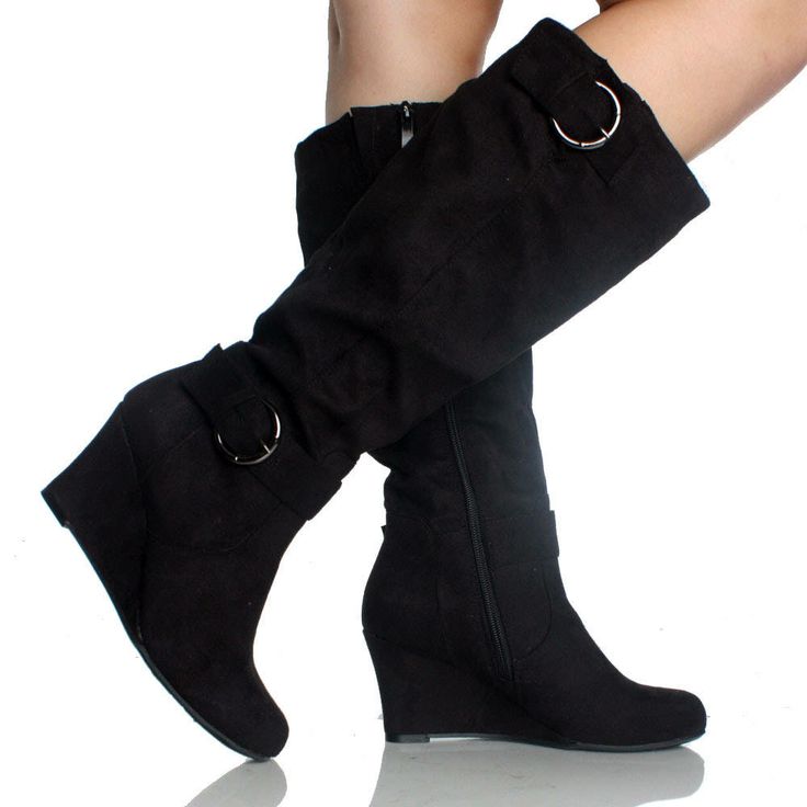Tall Buckled Wedge Boots - Online Boots