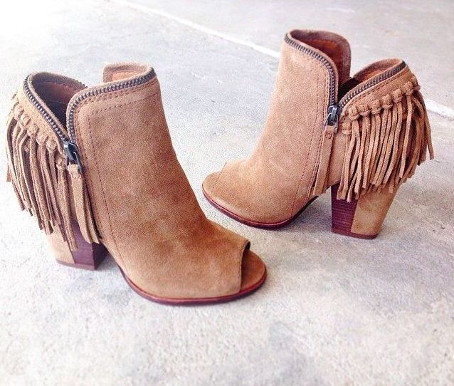 Tan Fringe Wedge Ankle Boots