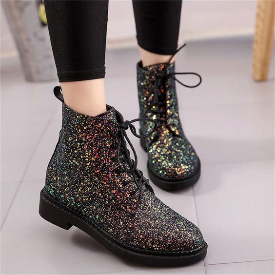 Black Glitter Combat Boots