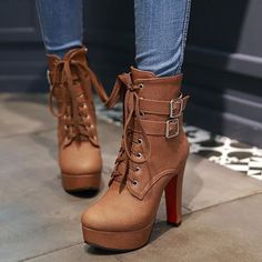 Brown Lace Up Heeled Ankle Boots