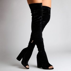 Black Velvet Peep Toe Thigh High Boots
