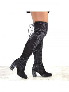 Block Heel Velvet Thigh High Boots