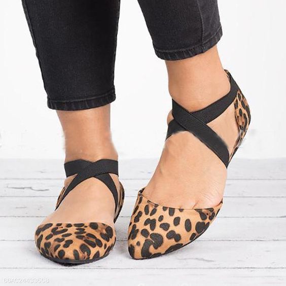 Ankle Strap Leopard Flats Pointed Toe - Online Boots