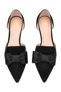 Black Leather Pointed Toe Flats With Bow