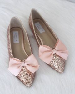 Gold Pointed Toe Flats With Bow