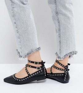 Studded Pointed Toe Ankle Strap Flats